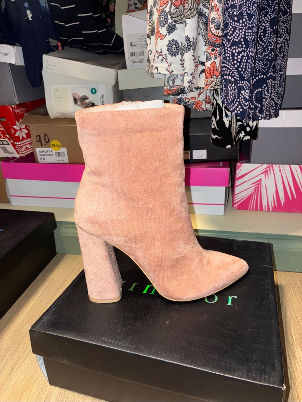 Pink Suede Block Heel Ankle Boot